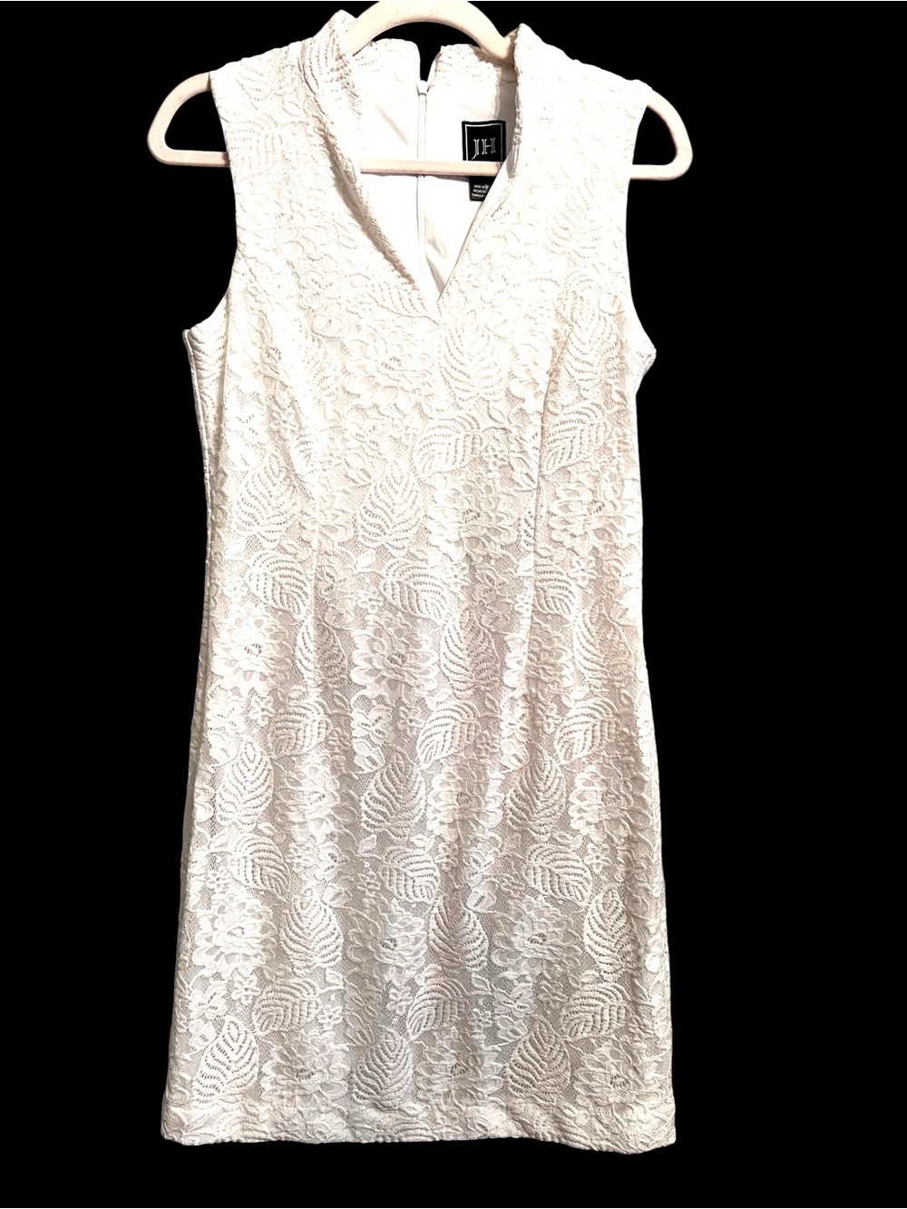 JH White Lace Sheath Dress Size 8 Sleeveless Floral Cocktail Bridal Chic